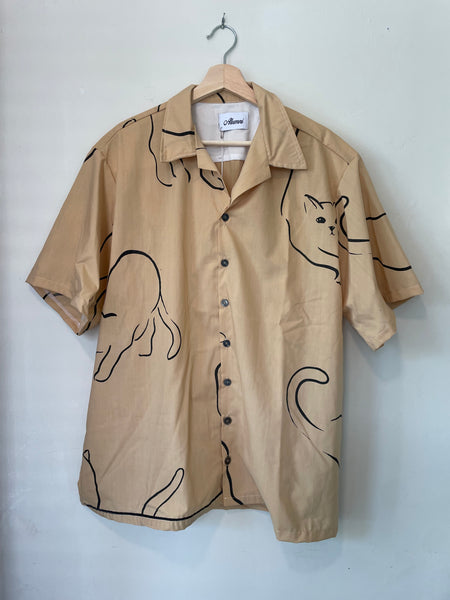 Vintage Camp Collar Shirt - Cat Print